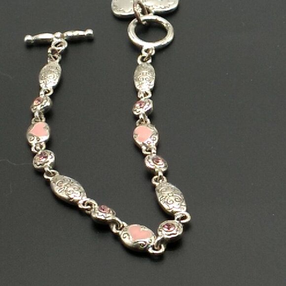 Together We Can Make A Difference Silver-tone Pink Enamel Hearts Crystal Bracele - Picture 13 of 13